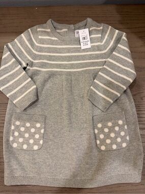 GAP Girls' Gray & White Striped Knit Dress with Polka Dot Pockets